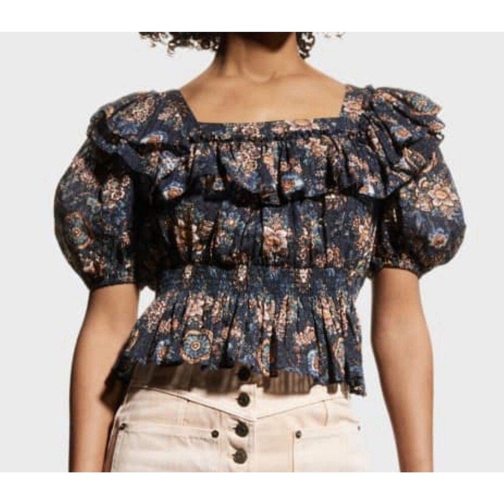Ulla Johnson Warner Floral Blouse Size 2 Smocked Puff Sleeve Twilight Blue